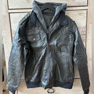 Brand new, never worn! 
Men's Black Leather Jacket with Hood
T 14
